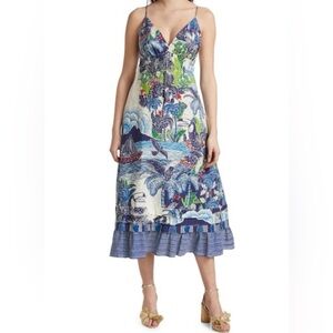 FARM Rio Maxi Dress Womens Size S Blue Tropical Scenic Print Beaded Tie